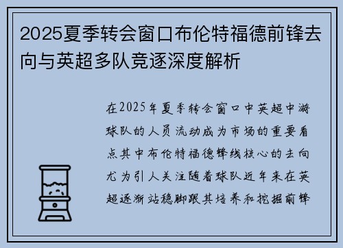 2025夏季转会窗口布伦特福德前锋去向与英超多队竞逐深度解析 2025夏季转会窗口布伦特福德前锋去向与英超多队竞逐深度解析