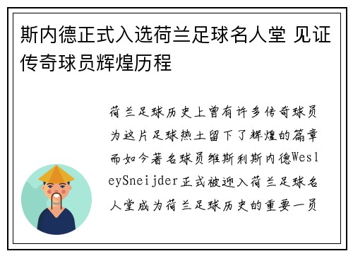 斯内德正式入选荷兰足球名人堂 见证传奇球员辉煌历程 斯内德正式入选荷兰足球名人堂 见证传奇球员辉煌历程